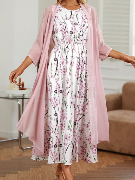 

Floral Casual Short Sleeve Woven Dress With Outerwear, As picture, Maxi