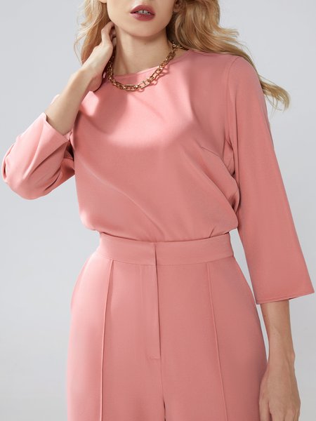 

Daily Crew Neck Loose Simple Plain Top, Pink, Tops