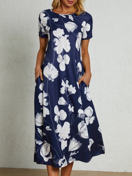 

Cotton Blends Floral Loosen Short Sleeve Woven Dress, Blue, Dresses