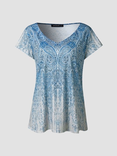 

Tribal Printed Crew Neck Short Sleeve Tops, Blue, Shirts & Blouses