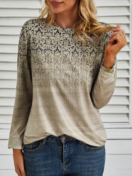 

Printed Long Sleeve Casual T-Shirt, Khaki, T-shirts