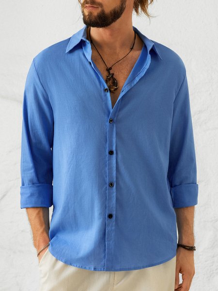 

Cotton Linen Plain Color Casual Long Sleeve Shirt, Blue, Long Sleeve Shirts