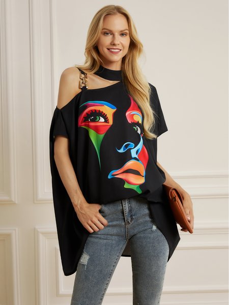 

Elegant Printed Asymmetrical Neck Short Sleeve Abstract Top, Black, Blouses and Shirts