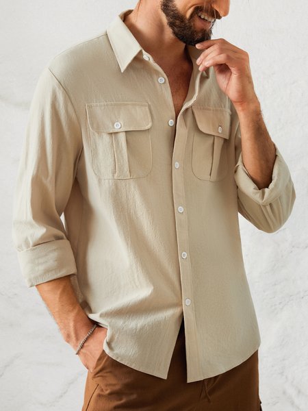 

Cotton and Linen Style American Solid Color Basic Versatile Linen Shirt, As picture, Long Sleeve Shirts