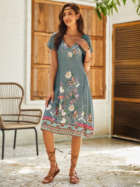

Tribal Floral Short Sleeve Knit Dress, Dark green, Dresses