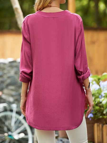 

Crew Neck Cotton-Blend Long Sleeve Simple Top, Rose red, Tops