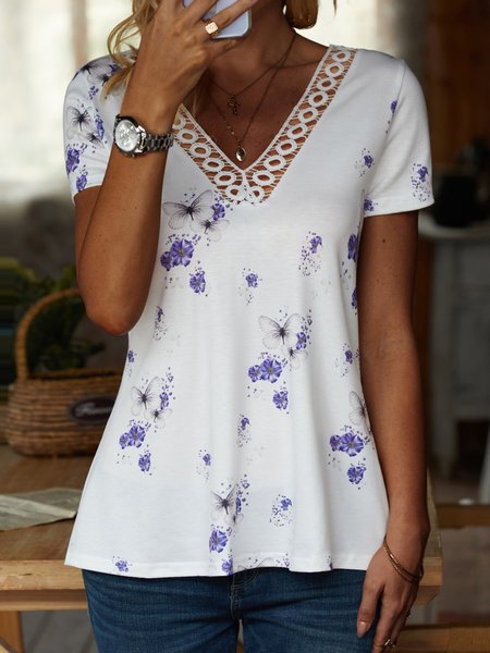 

Casual V Neck Short Sleeve T-Shirt, White, T-Shirts