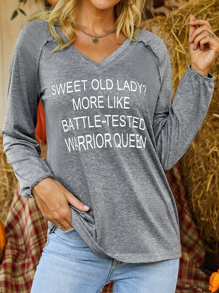 

Letter Long Sleeve V-neck Casual Tunic T-Shirt, Gray, T-shirts