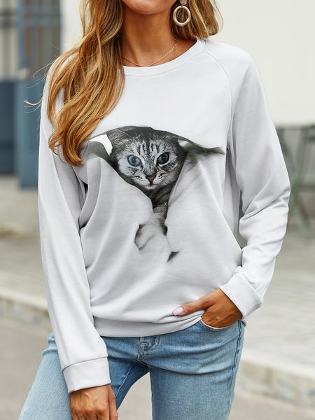 

Casual Raglan Sleeve Crew Neck Cat Sweatshirt, Black, Tops