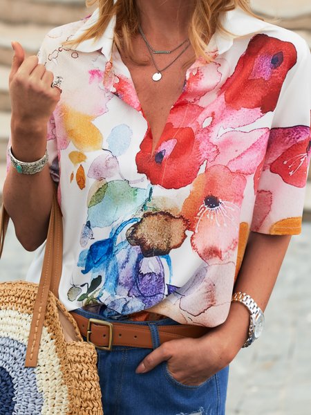 

Casual Floral Print V-neck Blouse, As picture, Shirts & Blouses