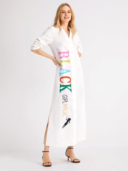 

Loosen Shirt Collar Letter Long Sleeve Woven Maxi Dress, White, Dresses