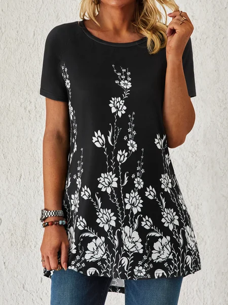 

Vintage flower contrast loose holiday top T-shirt Plus Size tunic, Black-white, T-Shirts