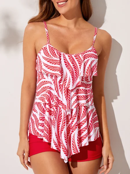 

Vacation Plants Printing Scoop Neck Tankinis Two-Piece Set, Red, Swimwear