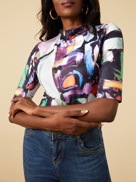 

Half sleeve Daily Elegant Abstract Slim Fit T-Shirt, As picture, Tees