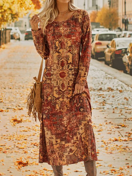 

Jersey Ethnic Printed Crew Neck Long Dress, Brown, Maxi