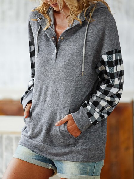 

Buttoned Hooded Casual Cotton Blends Checked/Plaid Hooded Regular Fit Sweatshirt, Gray, Sweatshirts & Hoodies