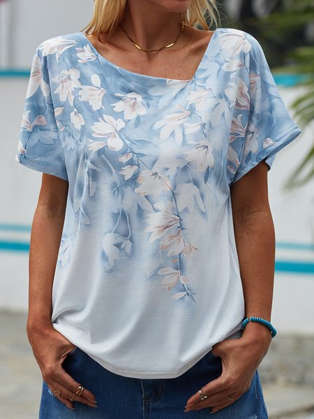 

Casual Floral Loosen Short Sleeve T-Shirt, Blue, T-Shirts