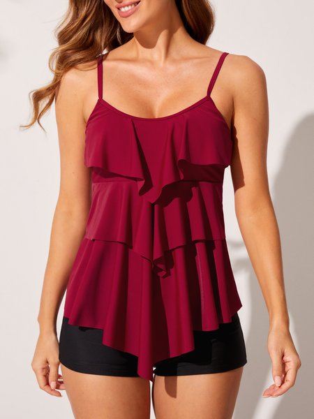 

Vacation Plain Flouncing Scoop Neck Tankinis Two-Piece Set, Wine red, Swimwear