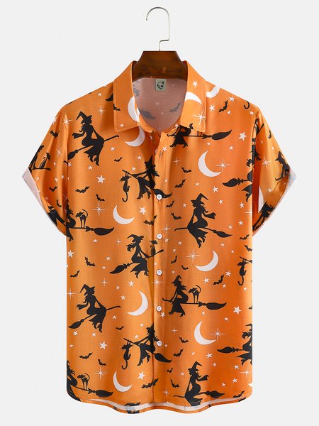 

Cotton Linen Halloween Print Casual Short Sleeve Shirt, As picture, Men's Floral shirt