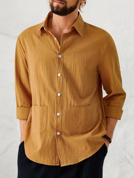 

Cotton Linen Plain Color Casual Long Sleeve Shirt, Yellow brown, Long Sleeve Shirts