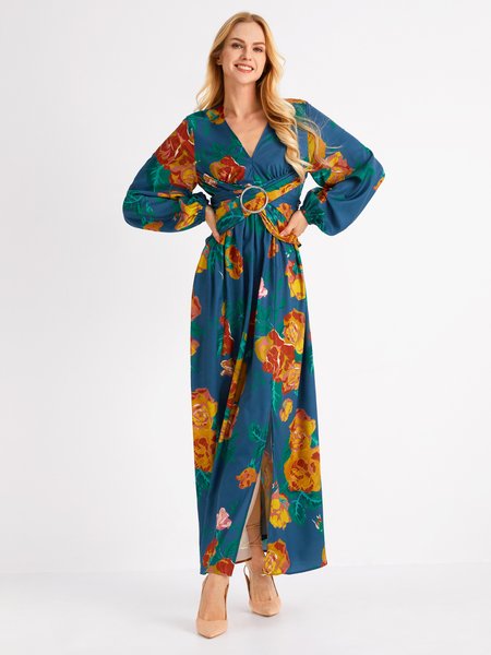 

Vacation Long Sleeve Floral V Neck Regular Fit Maxi Dress, Blue, Dresses