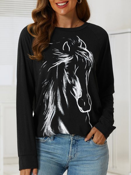 

Horse Printed Raglan Sleeve Crew Neck Casual Sweatshirt, Black, Sweatshirts & Hoodies