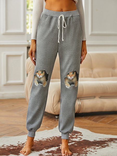 

Funny Cat Fleece Elastic Waist Casual Pants, Wine red, Pants