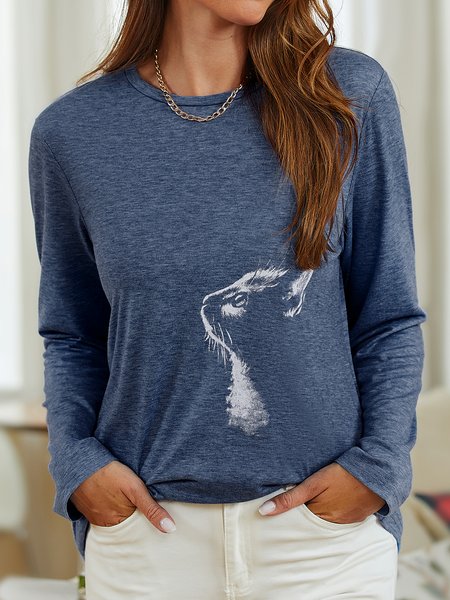 

Crew Neck Long Sleeve Casual Top, Deep blue, Tops
