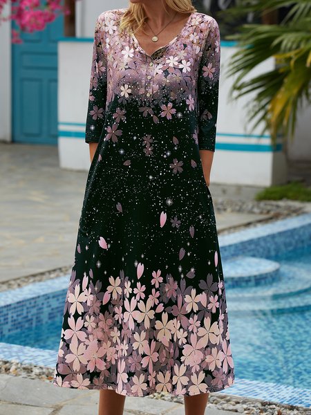 

Floral Loosen Casual V Neck Short Sleeve Women Dress, Black, Dresses
