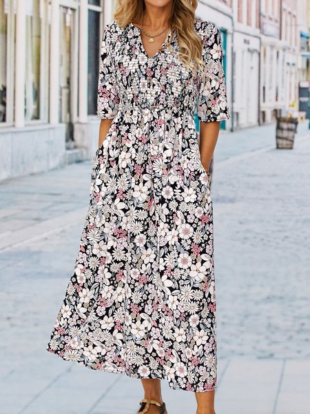

Floral V neck Casual Half sleeve Dress, Multicolor, Midi