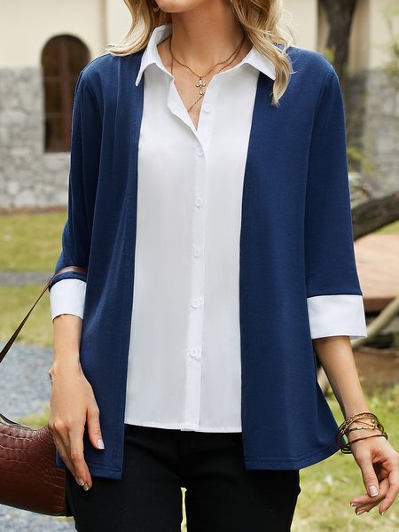 

Color Block Loose Shawl Collar Buttoned T-Shirt Fake Two Piece, Dark blue, Tops