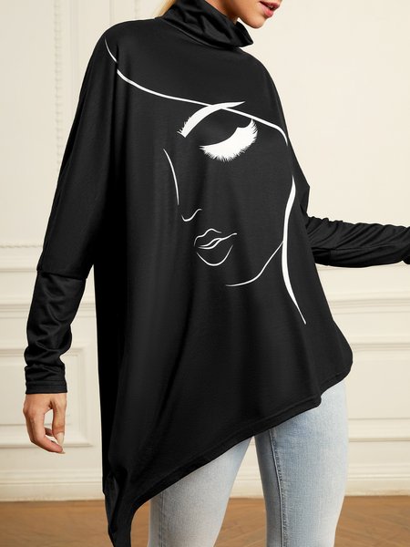 

Turtleneck Abstract Simple Long Sleeve Blouse, Black-white, Tops