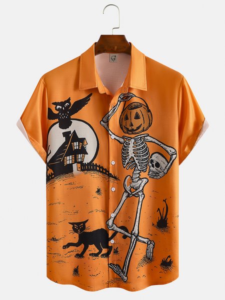 

Cotton Linen Halloween Print Casual Short Sleeve Shirt, As picture, Men's Floral shirt
