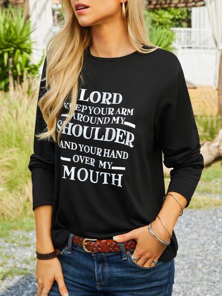

Letter Cotton Blends Basics T-shirt, Black, Tops
