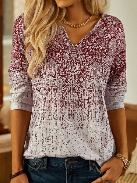 

Ethnic Long Sleeve Notched Casual T-Shirt, Red, T-shirts