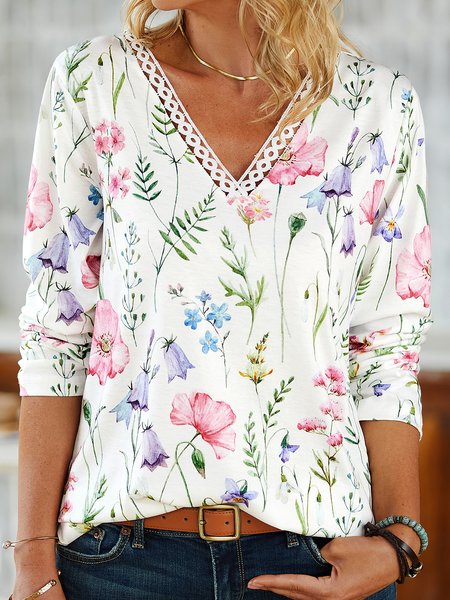 

Lace V Neck Casual Floral Loose T-Shirt, White, T-Shirts