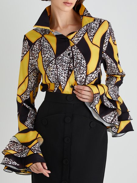 

Elegant Shirt Collar Flouncing Printed Top, Yellow, Blouses and Shirts