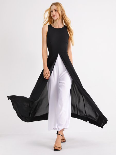 

Crew Neck Color Block Sleeveless Jumpsuit, Black-white, Tops