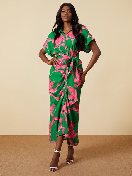 

Regular Fit Shirt Collar Vacation Midi Dress, Green, Dresses