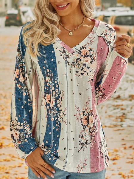 

Long sleeve V Neck Floral Casual T-Shirt, Multicolor, T-shirts