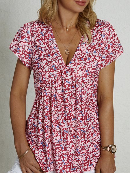 

V Neck Casual Short Sleeve T-Shirt, Red, T-Shirts