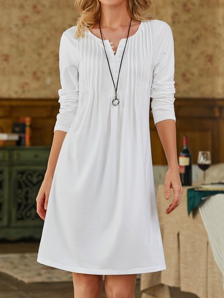 

Casual Plain Button-embellished Knitted Long-sleeve Dress, White, Dresses