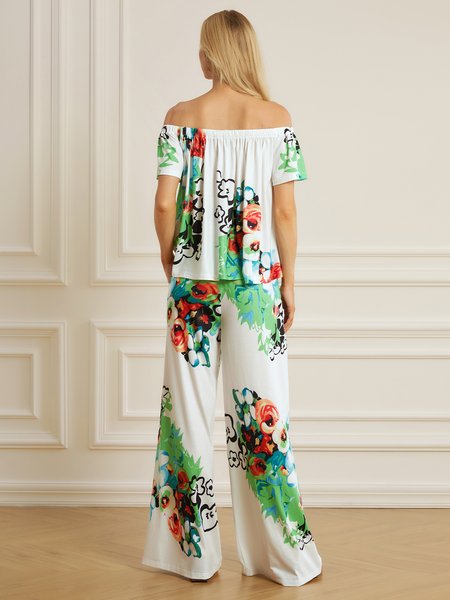 

Loosen Vacation Off The Shoulder Two Piece Set, Flower, Jumpsuits