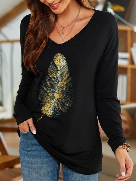 

Ladies Long Sleeve Bronzed Feather Print Casual T-shirt, Black, T-Shirts