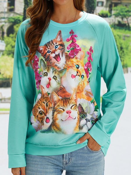 

Casual Cat Crew Neck Loose Floral Sweatshirt, Multicolor, Sweatshirts & Hoodies