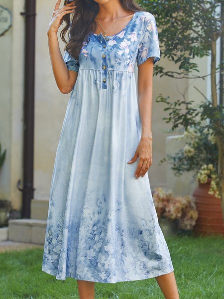 

Gradient flower half open button pocket holiday Long Dress, Blue, Dresses