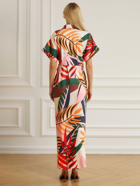 

Shirt Collar Leaves Vacation Short Sleeve Woven Dress, Multicolor, Dresses