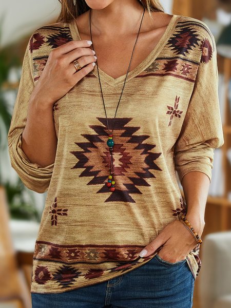 

V Neck Loose Vacation Ethnic T-Shirt, Multicolor, T-Shirts