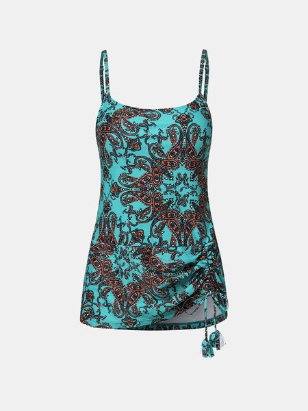 

JFN Sexy Ruched Ethnic Print Tankini Plus Size, Green, swimwear>>Tankinis