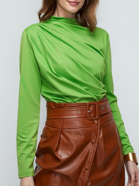 

Daily Simple Plain Ruched Long Sleeve T-Shirt, Green, Tops